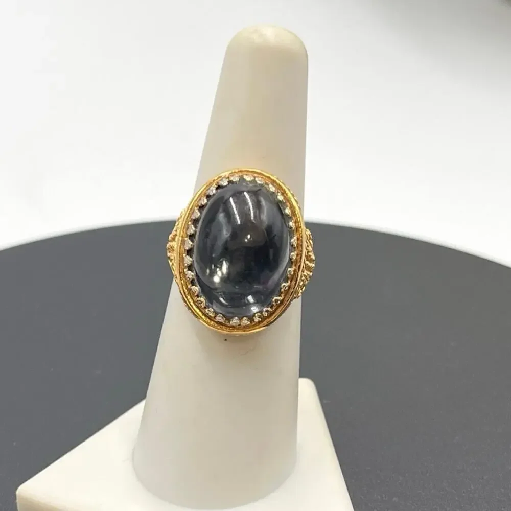 D'Orlan Style Vintage Gray Glass‎ Domed Cabochon Cocktail Ring Gold Plated Sz 7